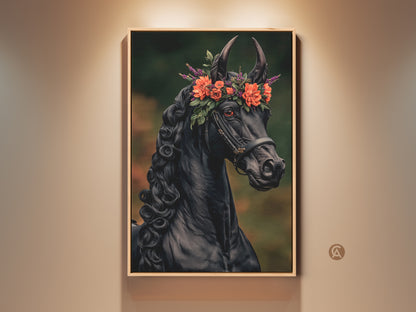 Black horse canvas art displayed in a room setting. This fantasy artwork features an equine with a vibrant orange and green floral crown. It's ideal dark academia wall decor. A unique gift for horse lovers who appreciate eclectic animal prints.