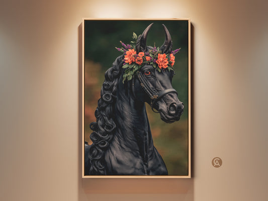 Black horse canvas art displayed in a room setting. This fantasy artwork features an equine with a vibrant orange and green floral crown. It's ideal dark academia wall decor. A unique gift for horse lovers who appreciate eclectic animal prints.