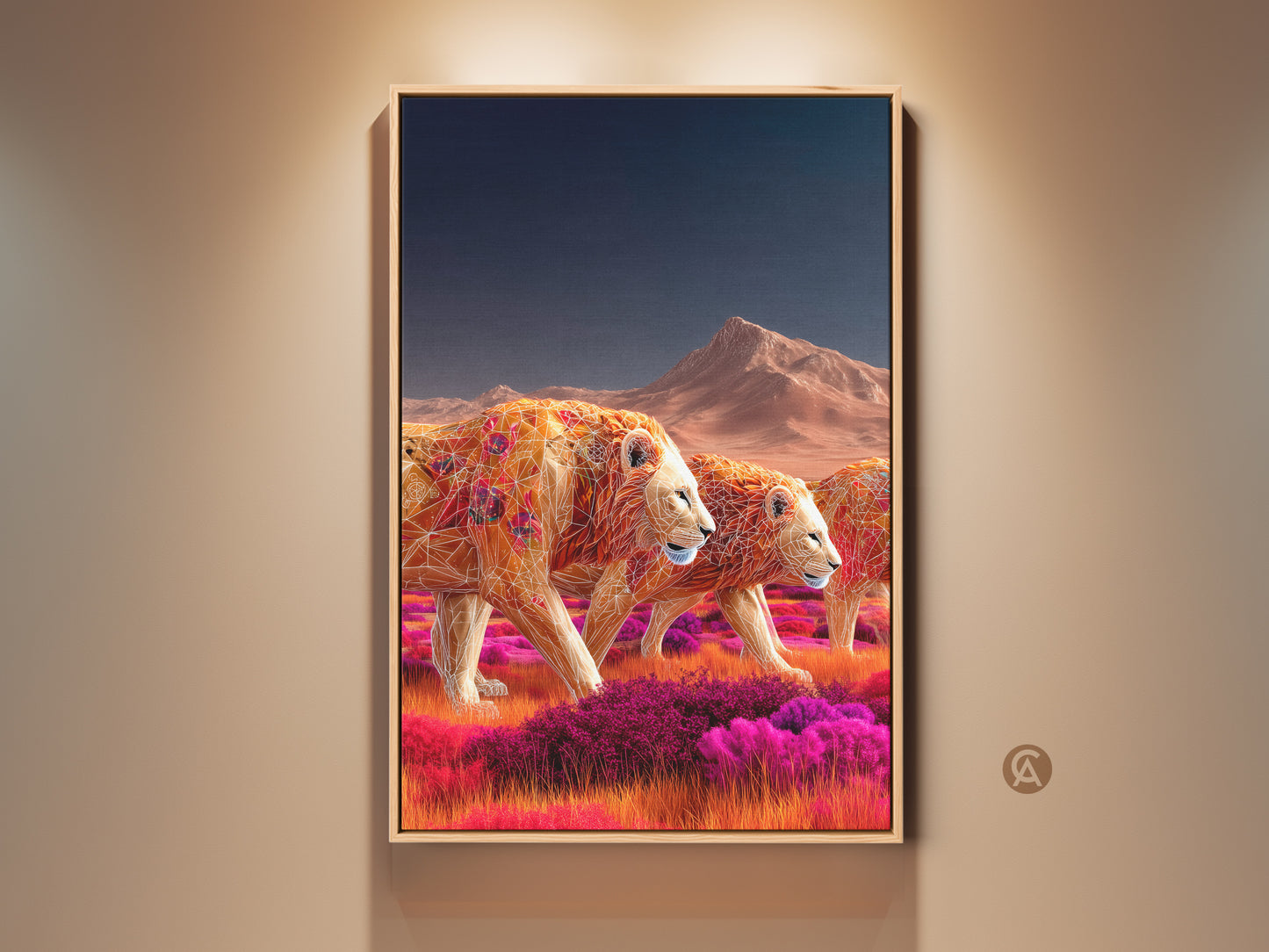 Safari lion canvas art print. The geometric wildlife art features earthy ochre and tangerine tones. It's boho home decor for nature lovers. This striking piece brings African beauty to your home.  This artwork is ideal for living rooms or home offices. It's a perfect housewarming gift.