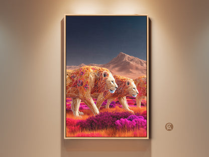 Safari lion canvas art print. The geometric wildlife art features earthy ochre and tangerine tones. It's boho home decor for nature lovers. This striking piece brings African beauty to your home.  This artwork is ideal for living rooms or home offices. It's a perfect housewarming gift.