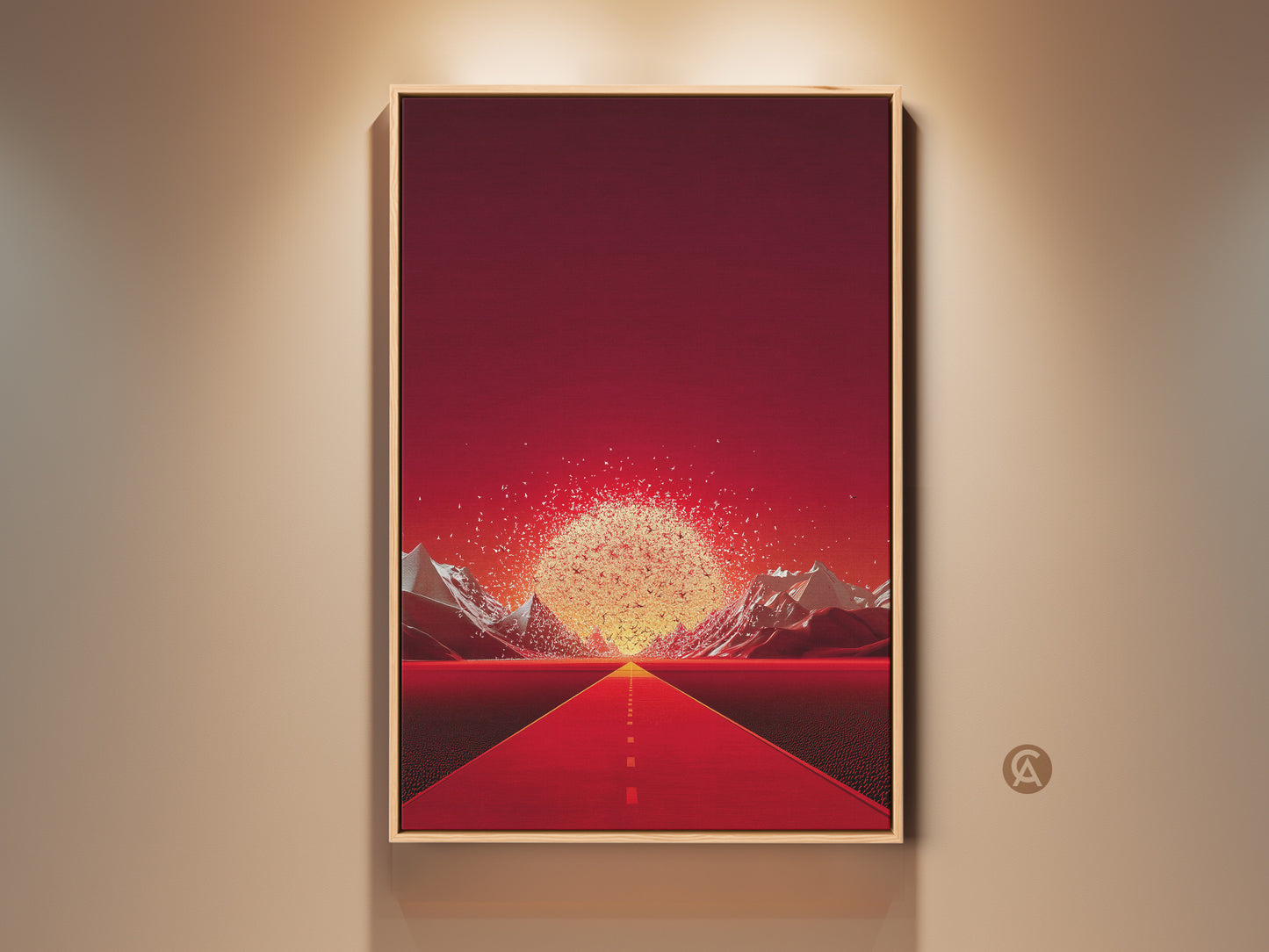 A framed crimson road wall art piece hangs on a beige wall. The artwork shows a surreal landscape with a red road leading to golden mountains. It's a striking contemporary entryway decor element. The digital art print adds a modern touch to any home or office space. Perfect as unique home decor gift.