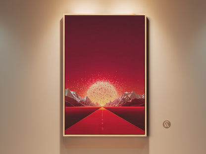 A framed crimson road wall art piece hangs on a beige wall. The artwork shows a surreal landscape with a red road leading to golden mountains. It's a striking contemporary entryway decor element. The digital art print adds a modern touch to any home or office space. Perfect as unique home decor gift.