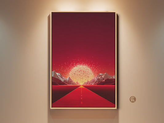 A framed crimson road wall art piece hangs on a beige wall. The artwork shows a surreal landscape with a red road leading to golden mountains. It's a striking contemporary entryway decor element. The digital art print adds a modern touch to any home or office space. Perfect as unique home decor gift.