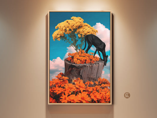 Eye-catching surreal black panther art print. The fantasy nature collage wall art features vibrant orange flowers and a yellow tree. This unique eclectic floral wall decor brings an artistic touch to any room. Perfect as surrealism bedroom art or a unique wall hanging in a creative space.