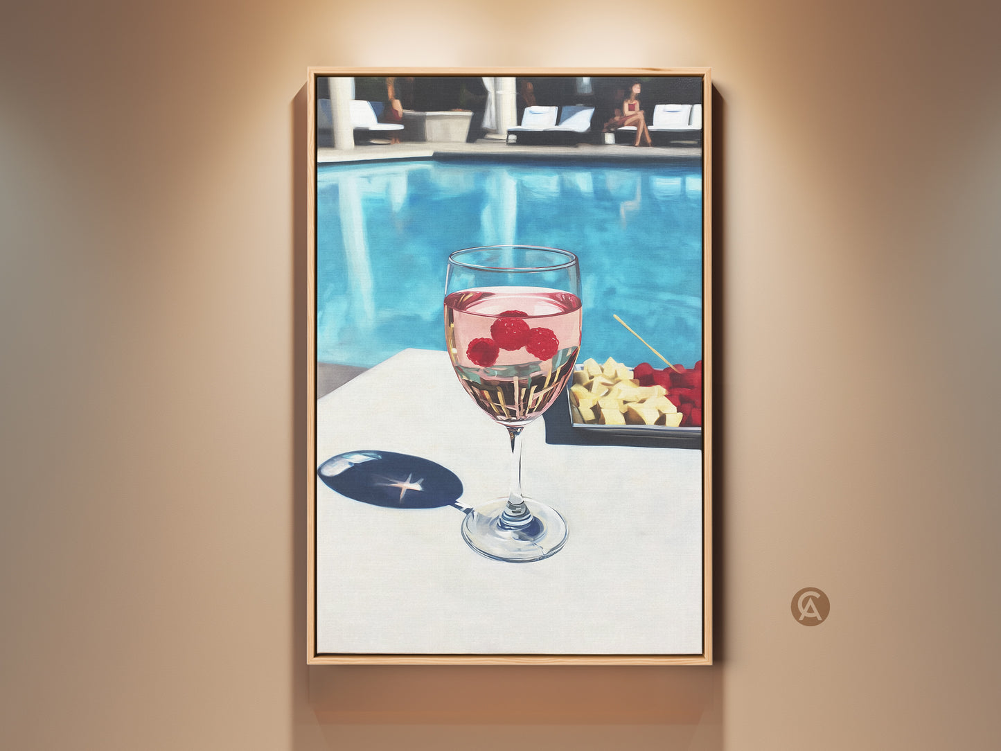 Contemporary canvas art features a glass of raspberry rosé poolside. Aqua and pink hues create a refreshing summer vibe. Perfect wine lover gift adds chic style to dining or bar decor. This modern lifestyle wall art captures leisure and elegance.