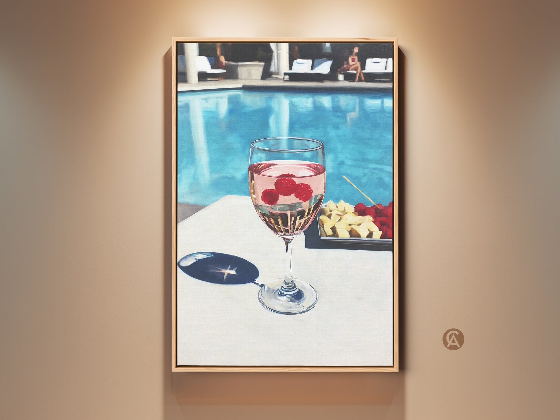 Contemporary canvas art features a glass of raspberry rosé poolside. Aqua and pink hues create a refreshing summer vibe. Perfect wine lover gift adds chic style to dining or bar decor. This modern lifestyle wall art captures leisure and elegance.