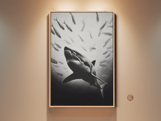 Monochrome Shark Canvas Print for ocean wildlife admirers. A Great White Shark is surrounded by a school of fish. It adds an adventurous touch to office or home decor. This is a perfect statement piece for shark lovers.