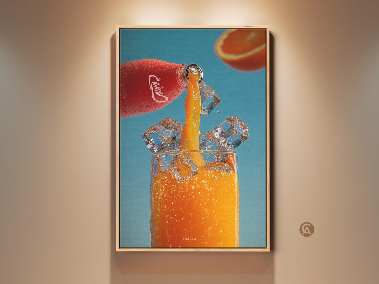 Modern orange juice artwork for kitchen or bar decor. A red bottle pours juice over ice into a glass. Refreshing beverage art print with a blue background. Perfect housewarming gift for drink lovers. Add a vibrant touch to your dining room with this colorful art.
