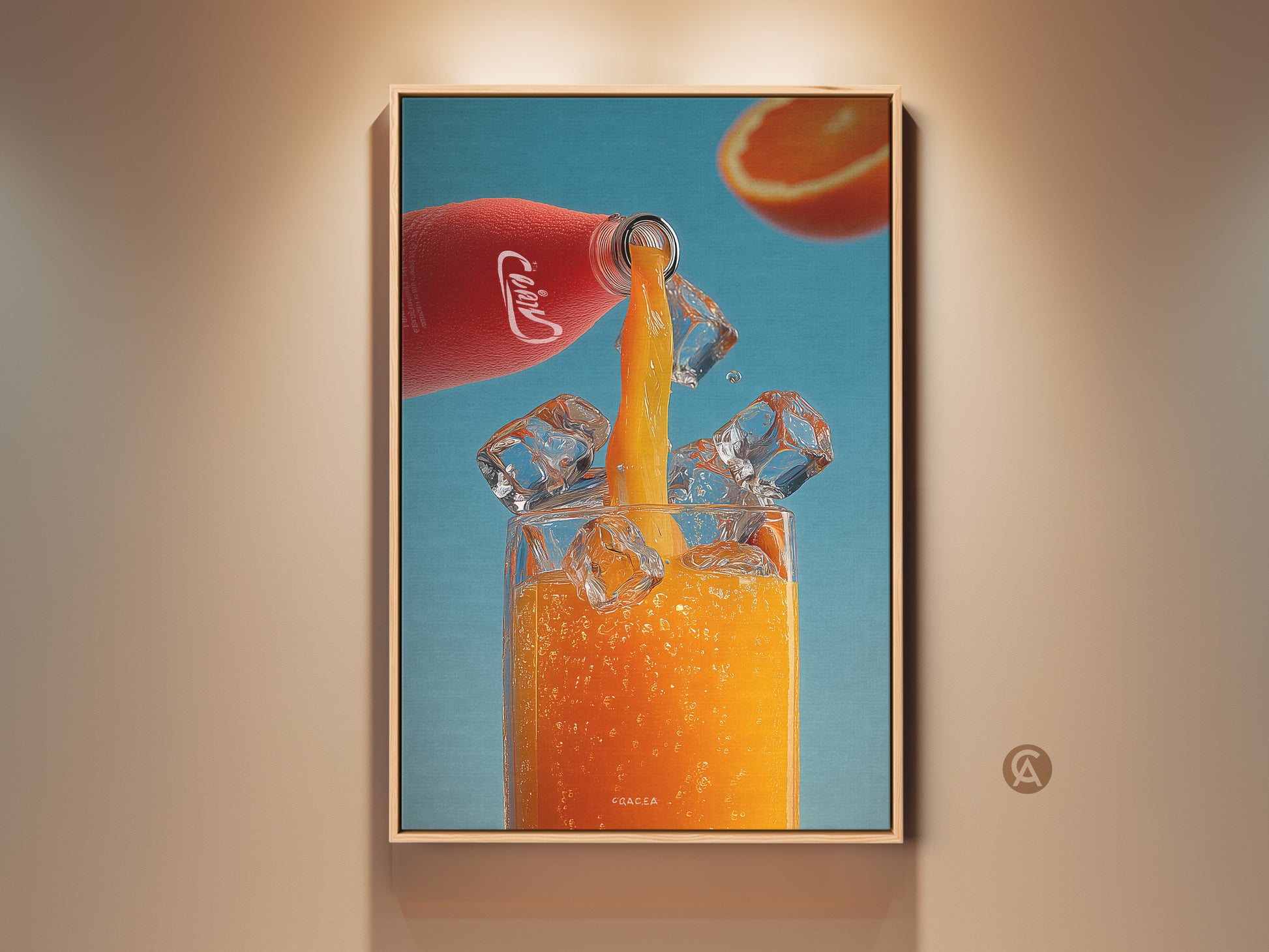 Modern orange juice artwork for kitchen or bar decor. A red bottle pours juice over ice into a glass. Refreshing beverage art print with a blue background. Perfect housewarming gift for drink lovers. Add a vibrant touch to your dining room with this colorful art.