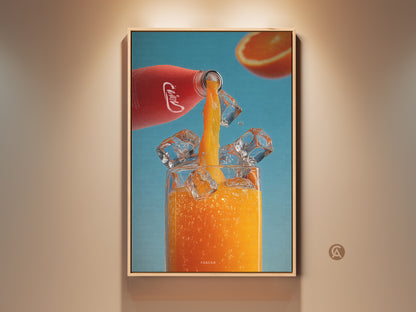 Modern orange juice artwork for kitchen or bar decor. A red bottle pours juice over ice into a glass. Refreshing beverage art print with a blue background. Perfect housewarming gift for drink lovers. Add a vibrant touch to your dining room with this colorful art.