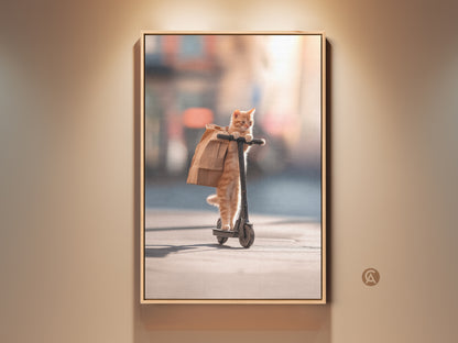 Framed artwork of a ginger cat riding a scooter. The cat is carrying a brown paper bag. The art is framed with a light wood finish. This cute animal art is perfect for home decor.