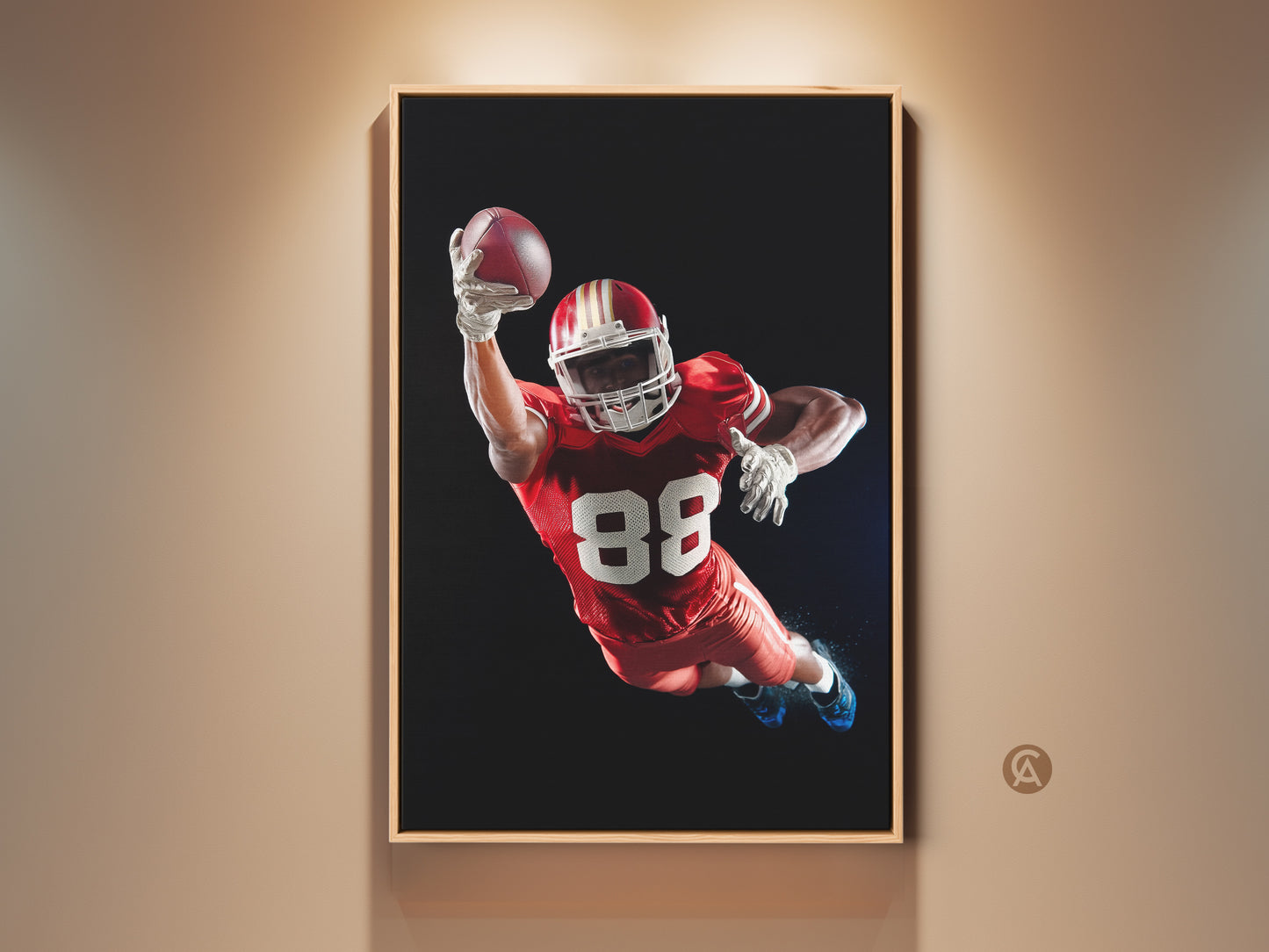 American Football Canvas Print in a modern setting. The dynamic sports artwork features a player in action. This Red White and Black art is perfect for a Man Cave. It's also an ideal gift for a sports fan. The contemporary style enhances any room decor. A great piece for sports enthusiasts.