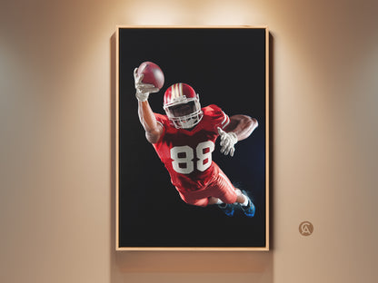 American Football Canvas Print in a modern setting. The dynamic sports artwork features a player in action. This Red White and Black art is perfect for a Man Cave. It's also an ideal gift for a sports fan. The contemporary style enhances any room decor. A great piece for sports enthusiasts.