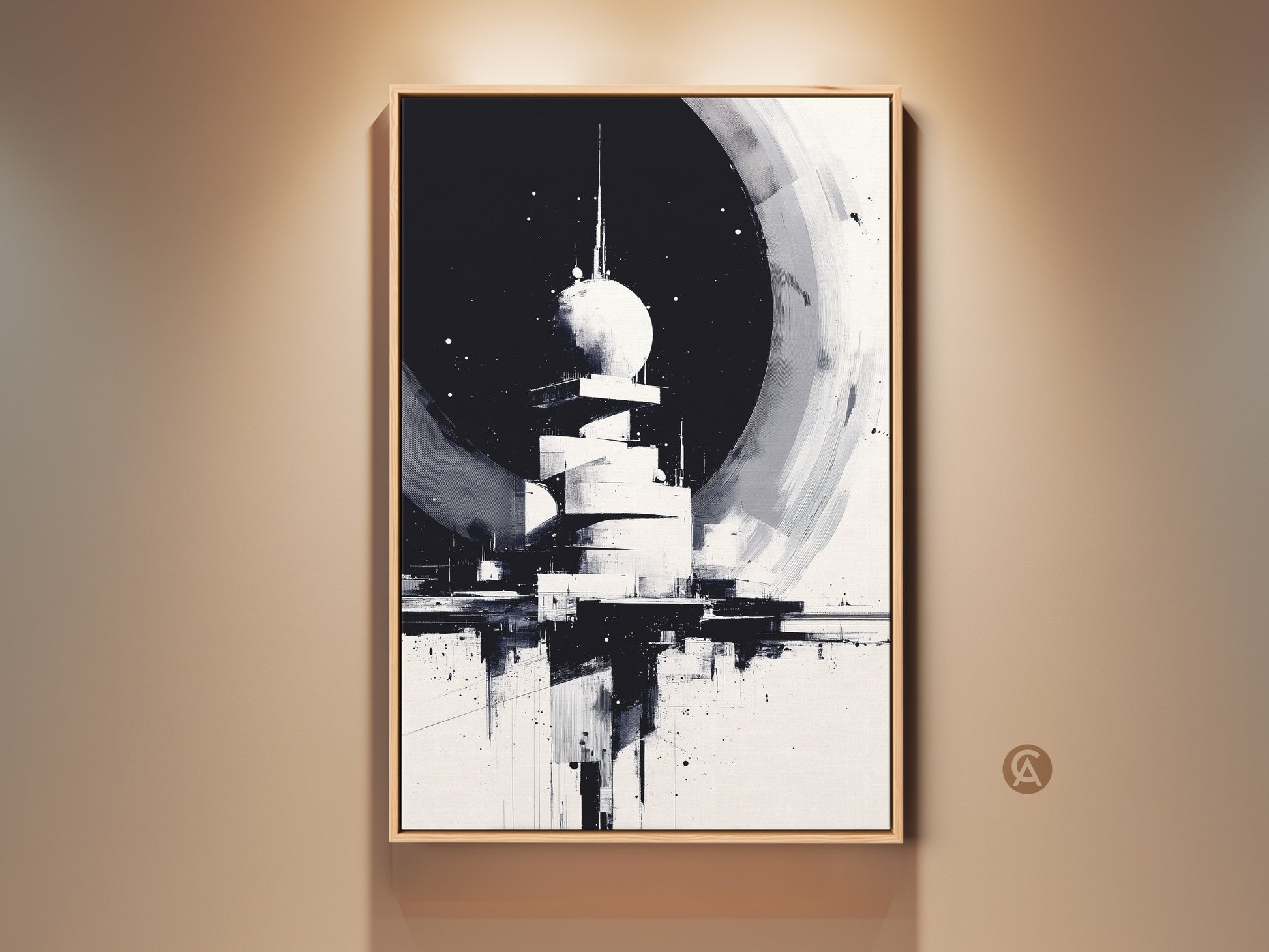 Framed Abstract Tower Wall Artwork. This Monochrome Cityscape Canvas Print offers a futuristic architecture decor element for modern spaces. The Black & White art suits an office or home setting adding a contemporary touch.
