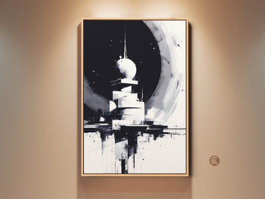 Framed Abstract Tower Wall Artwork. This Monochrome Cityscape Canvas Print offers a futuristic architecture decor element for modern spaces. The Black & White art suits an office or home setting adding a contemporary touch.