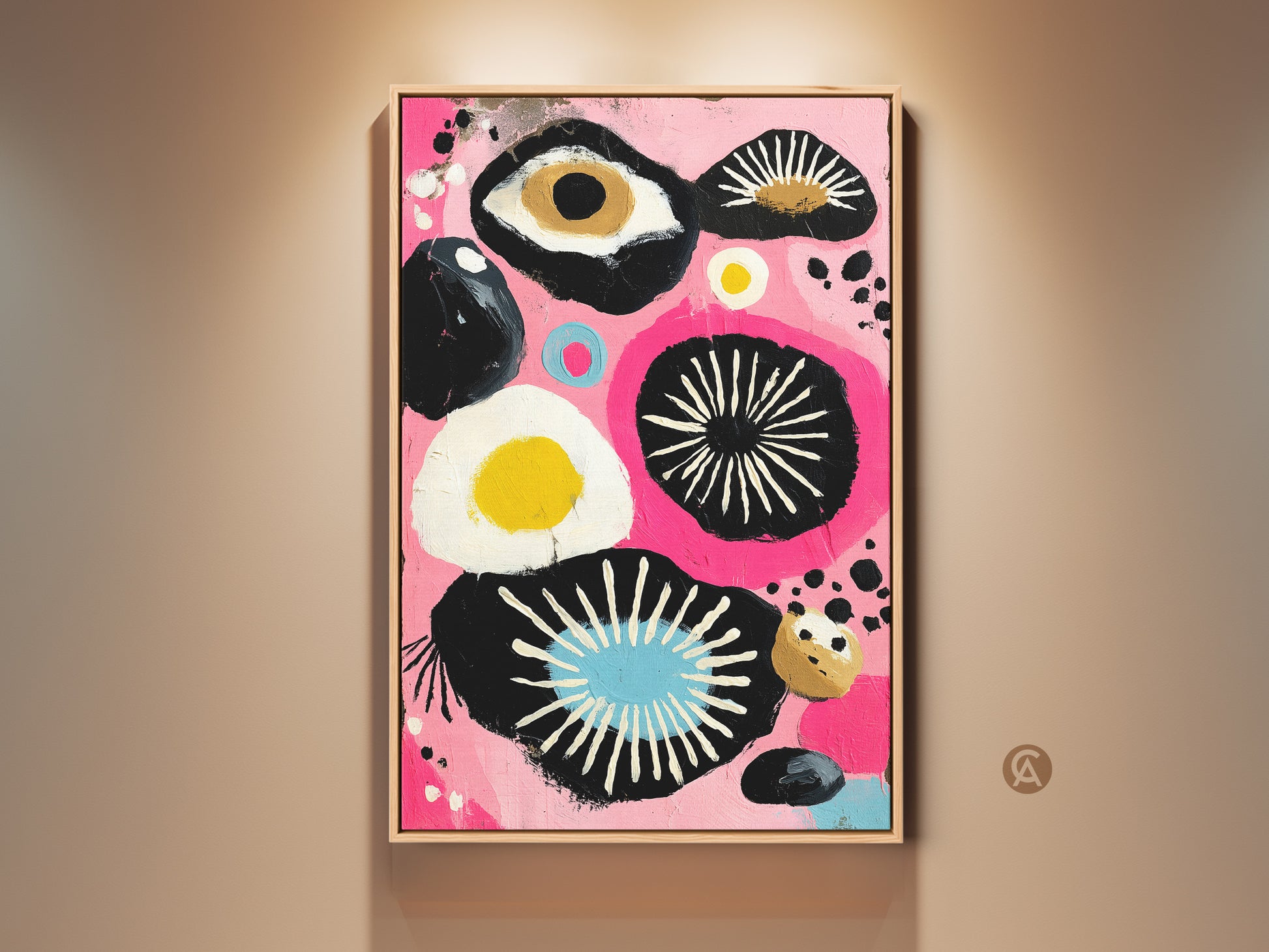 Framed pink black abstract eye floral artwork displayed on a wall. Contemporary art print adds an eclectic touch. It's a unique wall hanging decor piece. Perfect for modern home decor.