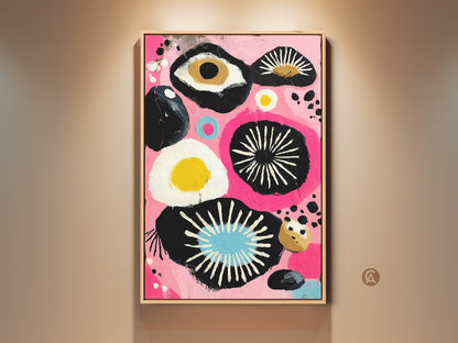 Framed pink black abstract eye floral artwork displayed on a wall. Contemporary art print adds an eclectic touch. It's a unique wall hanging decor piece. Perfect for modern home decor.