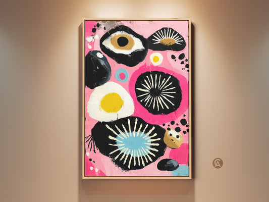 Framed pink black abstract eye floral artwork displayed on a wall. Contemporary art print adds an eclectic touch. It's a unique wall hanging decor piece. Perfect for modern home decor.