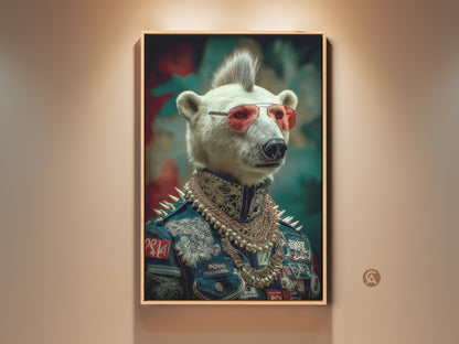 This is a framed canvas print of a punk rocker polar bear fantasy art. The navy red teal animal portrait has an eclectic style. It is a great gift for music fans. It would be a perfect fit for a man cave.