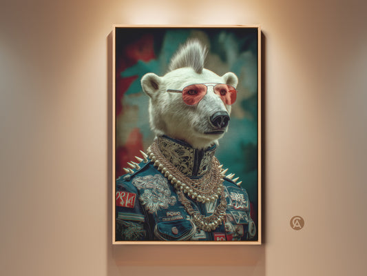This is a framed canvas print of a punk rocker polar bear fantasy art. The navy red teal animal portrait has an eclectic style. It is a great gift for music fans. It would be a perfect fit for a man cave.