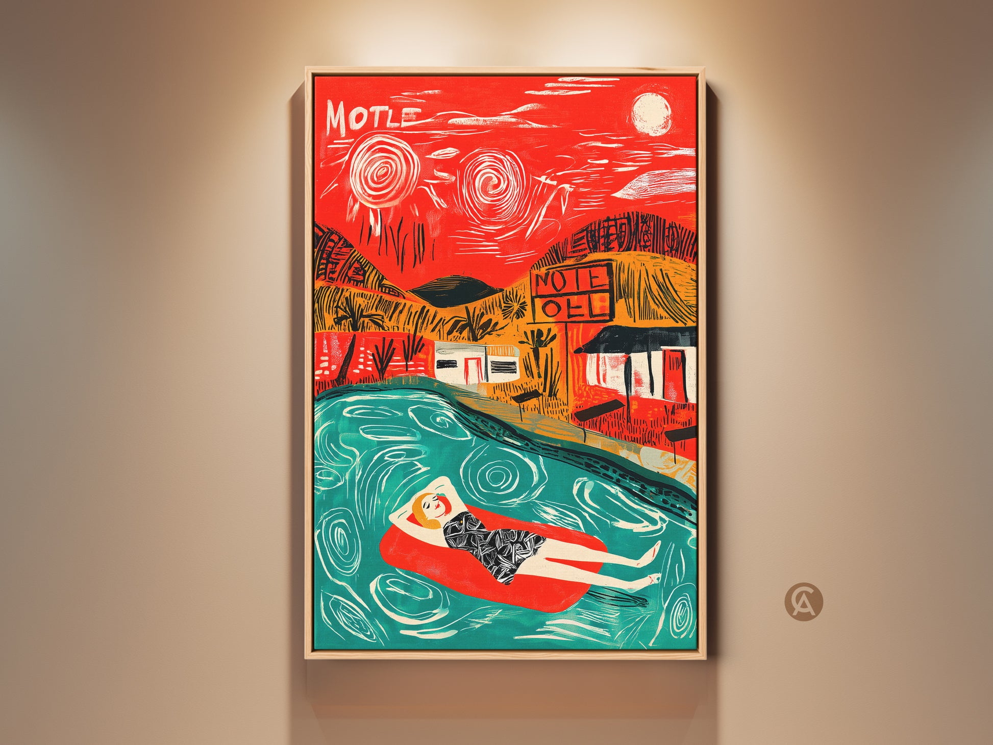 Framed artwork featuring a woman relaxing on a red float in a pool. The background features a vibrant red sky with a motel. This eye-catching piece adds a touch of retro charm to any space.