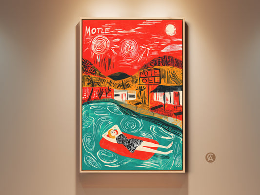 Framed artwork featuring a woman relaxing on a red float in a pool. The background features a vibrant red sky with a motel. This eye-catching piece adds a touch of retro charm to any space.