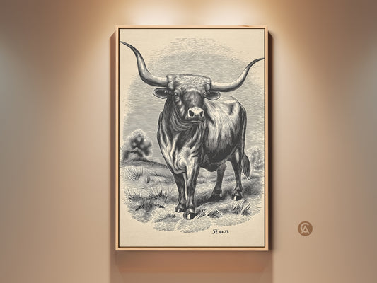 Framed vintage longhorn bull engraving art print. This rustic farmhouse wall decor features a black cream study artwork. It brings a touch of country charm and classic monochrome art to any space. Perfect as a housewarming gift or home office wall hanging.