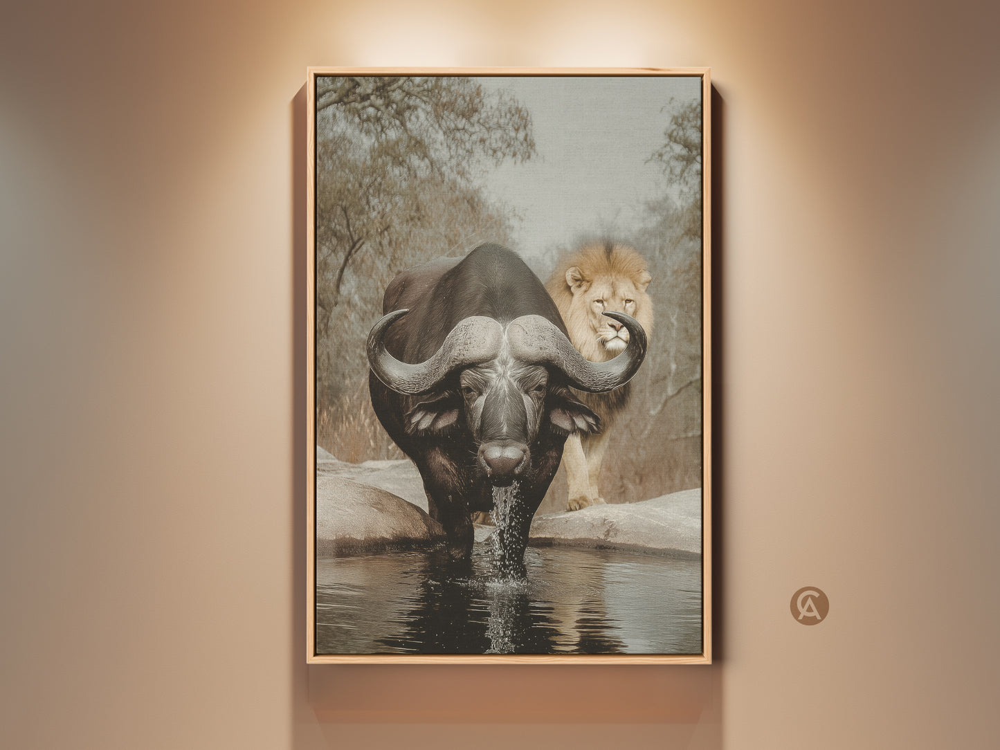 Sepia wildlife canvas art print featuring an African buffalo drinking. A lion observes in the background. This eclectic safari wall decor captures nature's raw essence. Perfect for a study room or office. It brings the savanna's untamed spirit to your home decor.