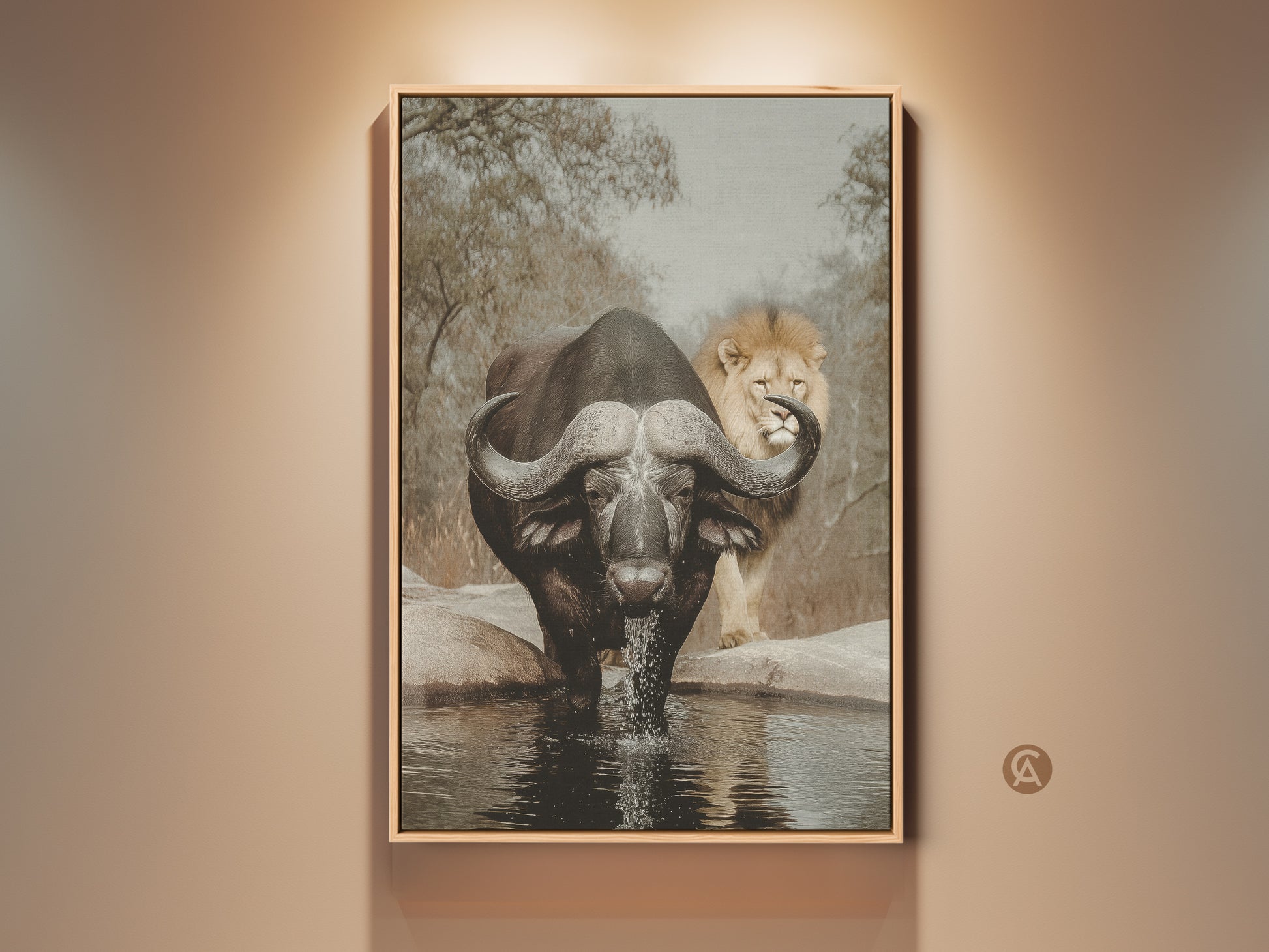Sepia wildlife canvas art print featuring an African buffalo drinking. A lion observes in the background. This eclectic safari wall decor captures nature's raw essence. Perfect for a study room or office. It brings the savanna's untamed spirit to your home decor.