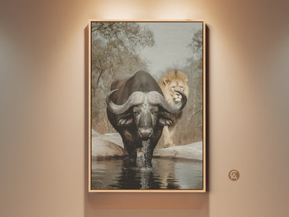 Sepia wildlife canvas art print featuring an African buffalo drinking. A lion observes in the background. This eclectic safari wall decor captures nature's raw essence. Perfect for a study room or office. It brings the savanna's untamed spirit to your home decor.