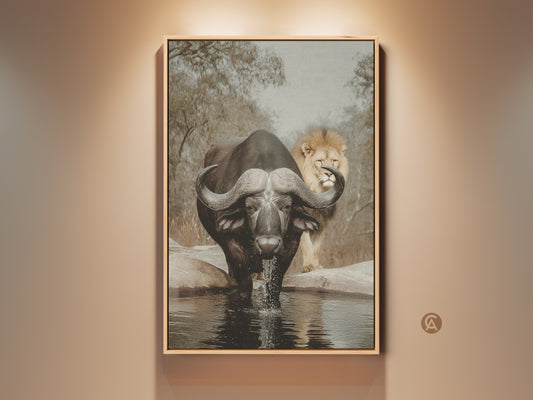 Sepia wildlife canvas art print featuring an African buffalo drinking. A lion observes in the background. This eclectic safari wall decor captures nature's raw essence. Perfect for a study room or office. It brings the savanna's untamed spirit to your home decor.