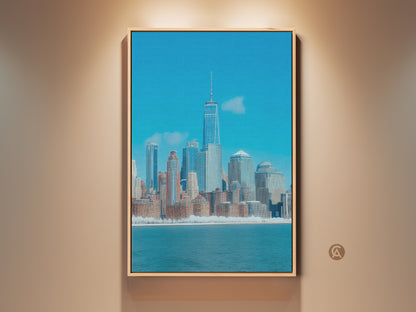 Framed modern NYC canvas artwork featuring a blue skyline cityscape. This contemporary architecture art in aqua teal tones adds urban decor to any space. Perfect for entry halls or as a sophisticated office piece.