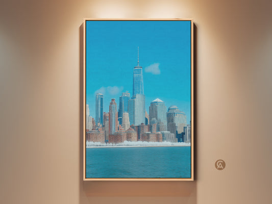 Framed modern NYC canvas artwork featuring a blue skyline cityscape. This contemporary architecture art in aqua teal tones adds urban decor to any space. Perfect for entry halls or as a sophisticated office piece.