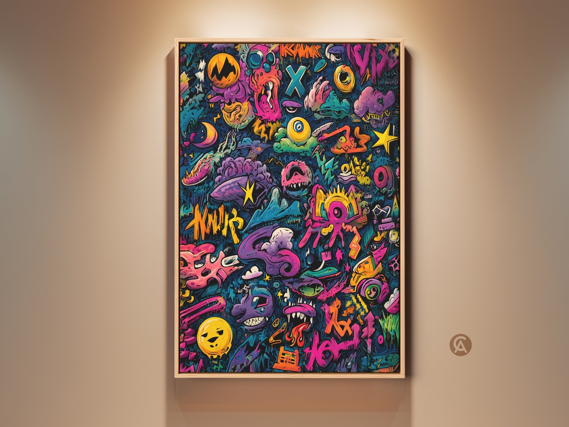 Vibrant graffiti art in a light wood frame. The artwork features a variety of colorful characters and shapes. Perfect wall art for a modern living room or office space. This framed art is ready to hang and enjoy. It adds a pop of color and personality to any room.