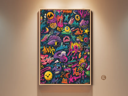 Vibrant graffiti art in a light wood frame. The artwork features a variety of colorful characters and shapes. Perfect wall art for a modern living room or office space. This framed art is ready to hang and enjoy. It adds a pop of color and personality to any room.