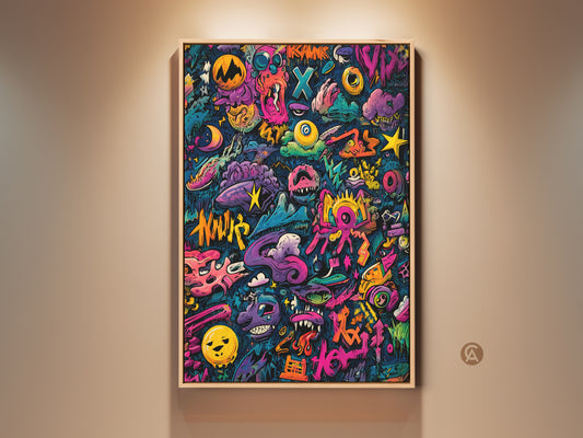 Vibrant graffiti art in a light wood frame. The artwork features a variety of colorful characters and shapes. Perfect wall art for a modern living room or office space. This framed art is ready to hang and enjoy. It adds a pop of color and personality to any room.