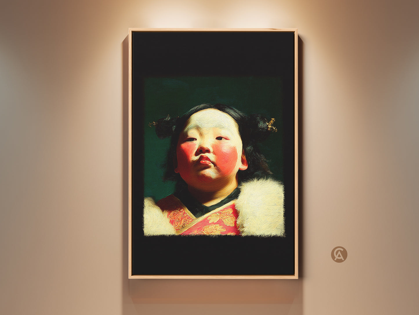 Cultural child portrait oil painting style art print. The artwork features a child in traditional attire with red and gold accents. Add eclectic wall art to your home. The print makes a unique gift for new parents.