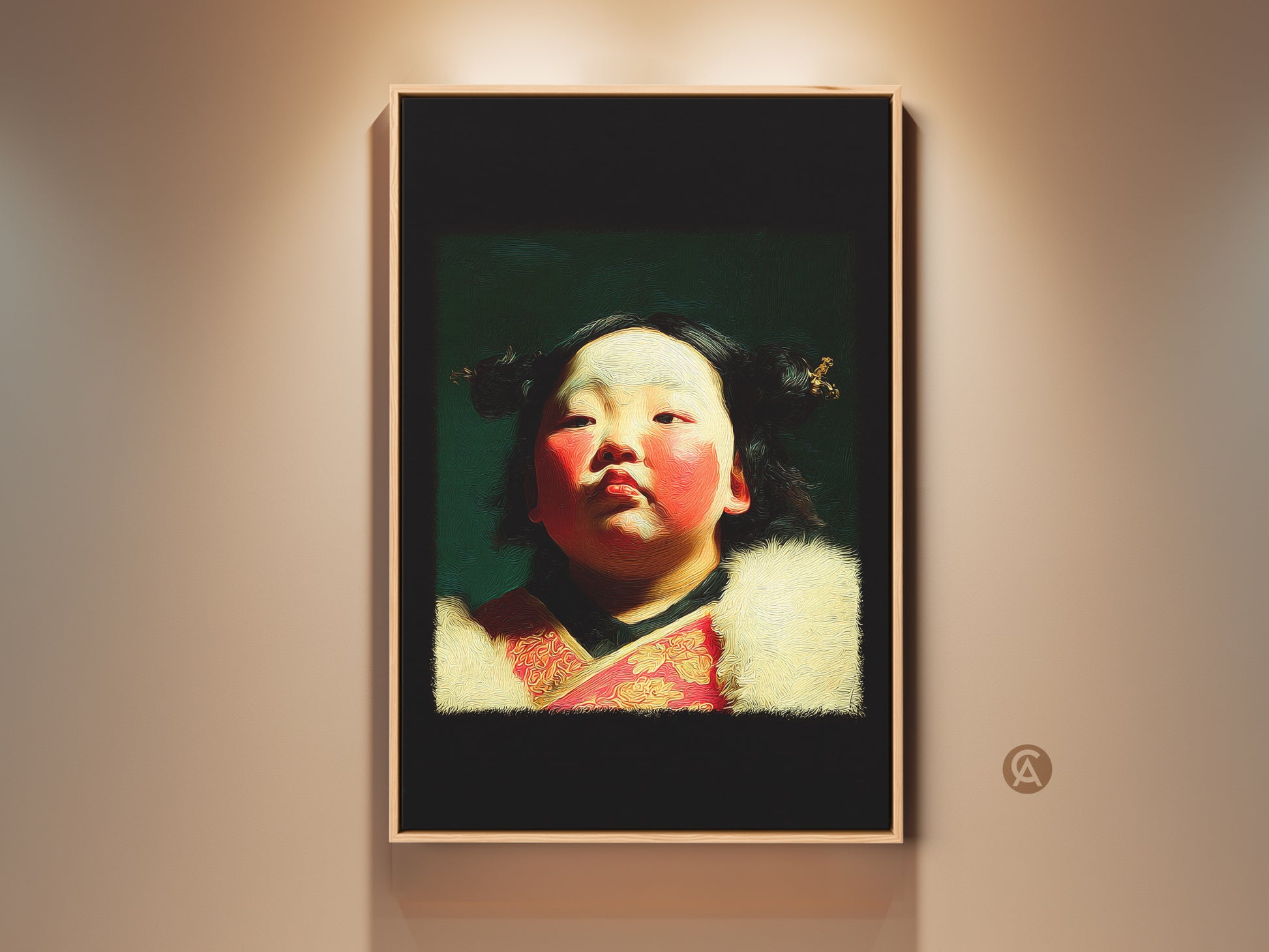 Cultural child portrait oil painting style art print. The artwork features a child in traditional attire with red and gold accents. Add eclectic wall art to your home. The print makes a unique gift for new parents.