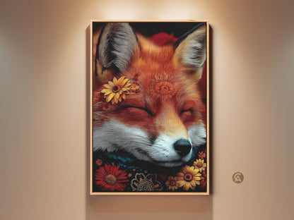 Dreamy sleeping fox art print in a natural wood frame. The boho animal artwork features sunflowers and floral accents. This cozy wall art brings a touch of woodland charm. Perfect for nature lovers seeking unique home decor in orange yellow and red tones.