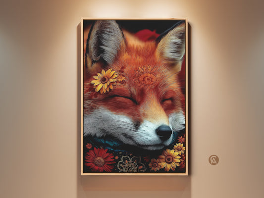Dreamy sleeping fox art print in a natural wood frame. The boho animal artwork features sunflowers and floral accents. This cozy wall art brings a touch of woodland charm. Perfect for nature lovers seeking unique home decor in orange yellow and red tones.