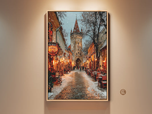 Vintage European Christmas market canvas art showcasing a cobblestone street scene. Festive holiday tower decor with warm lights. Traditional home artwork perfect for travel lovers a nostalgic touch to any room.