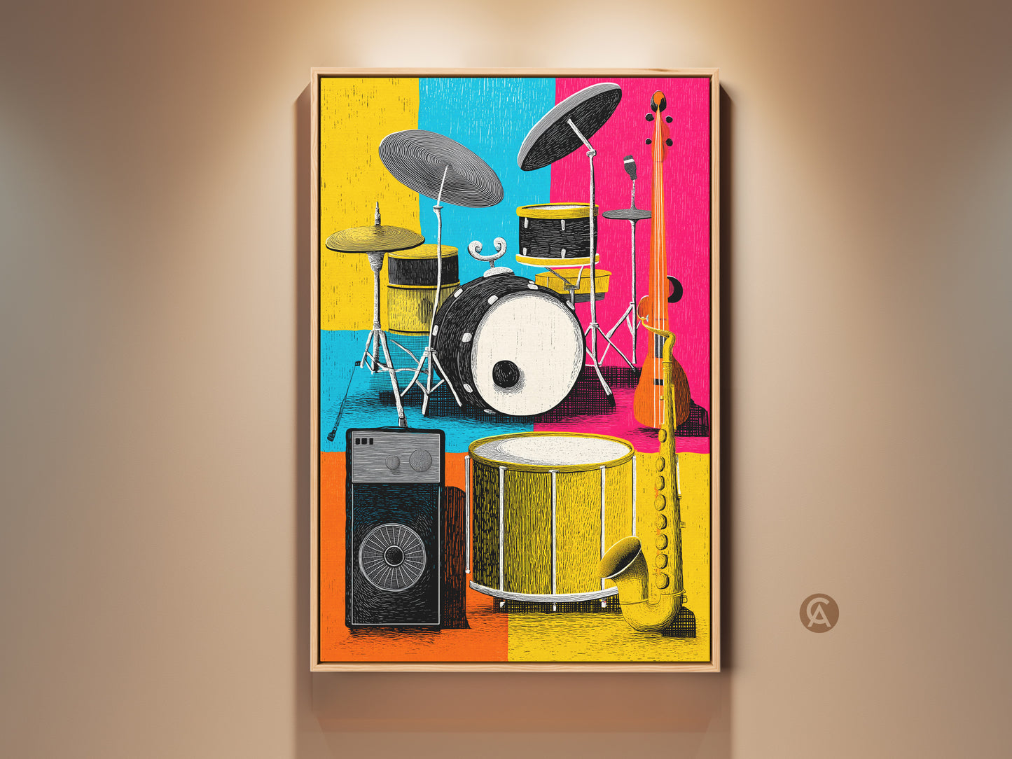 A vibrant music room art print features a drum set saxophone guitar and amp. The colorful graphic artwork is set against a bright yellow blue and pink block background. This framed canvas art adds a playful touch to any music lover's home decor.
