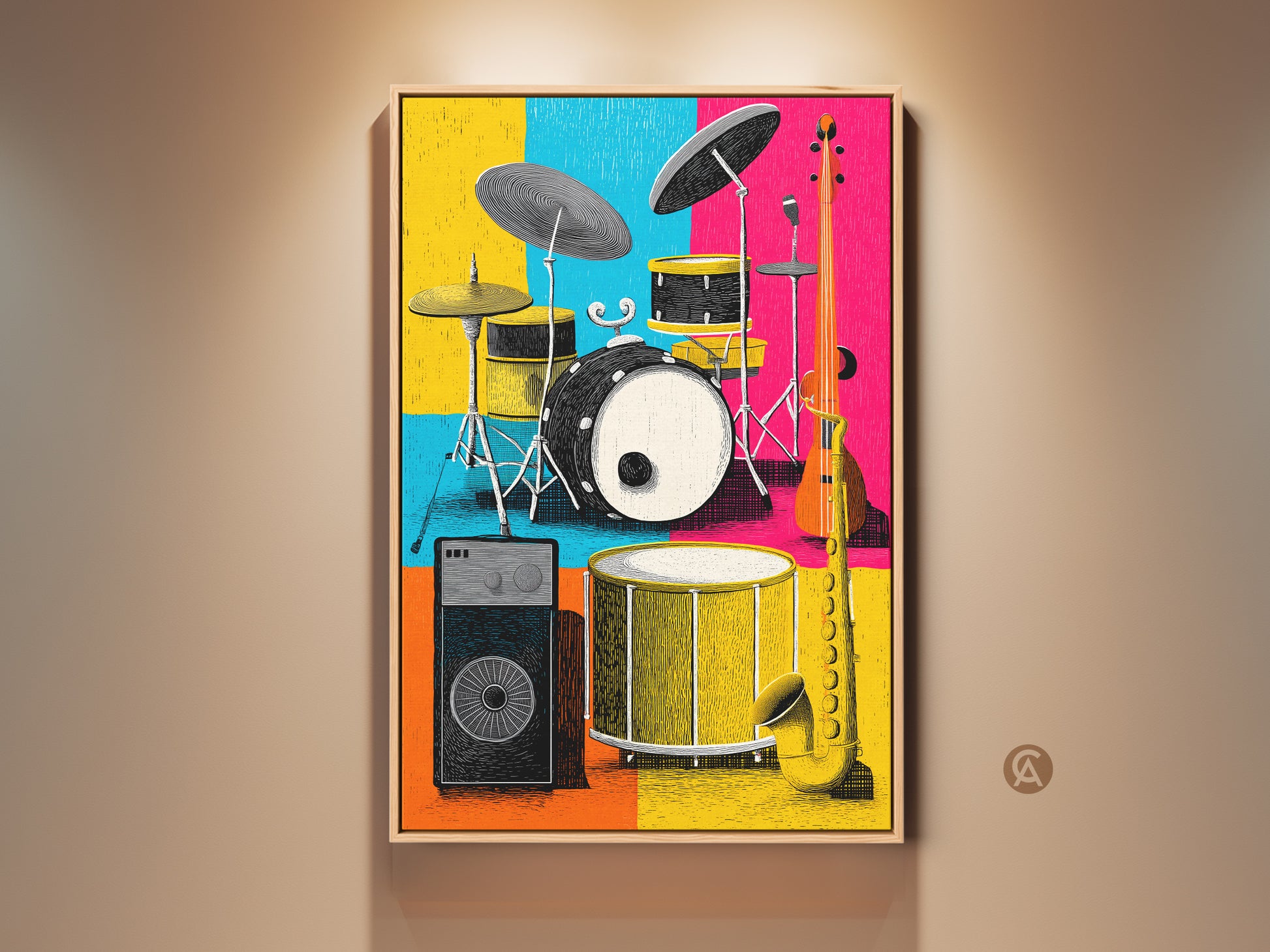 A vibrant music room art print features a drum set saxophone guitar and amp. The colorful graphic artwork is set against a bright yellow blue and pink block background. This framed canvas art adds a playful touch to any music lover's home decor.