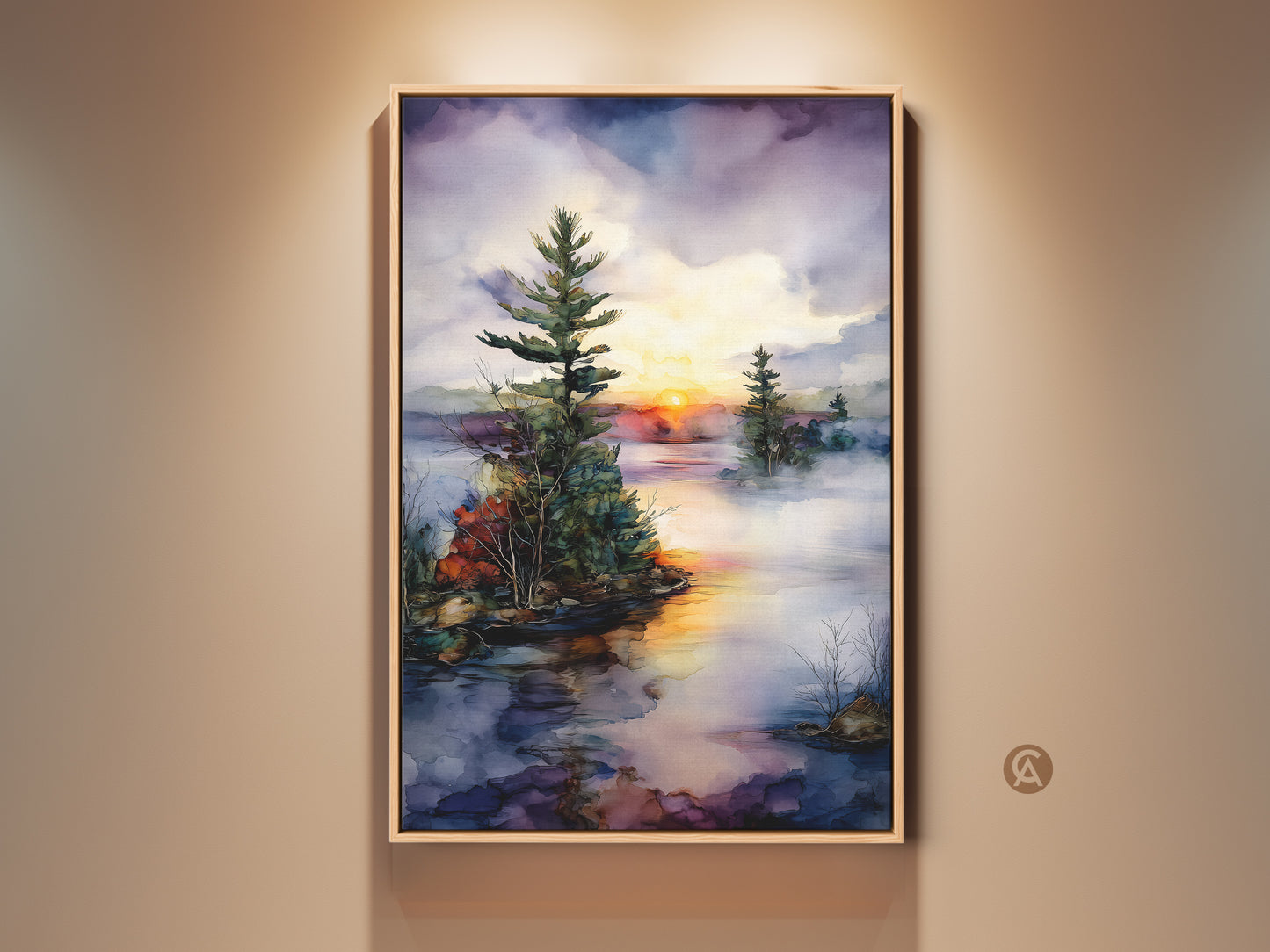 Framed lake sunset wall art. This rustic landscape canvas print features a watercolor pine tree. The orange and yellow art creates serene nature home decor. An ideal art gift for nature lovers.