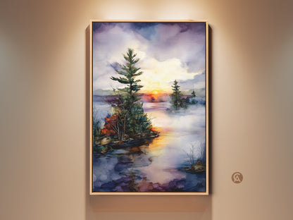 Framed lake sunset wall art. This rustic landscape canvas print features a watercolor pine tree. The orange and yellow art creates serene nature home decor. An ideal art gift for nature lovers.