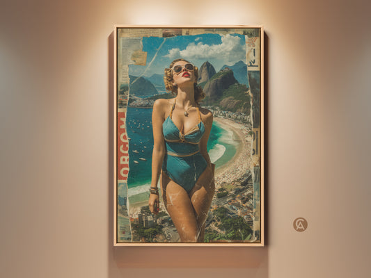 Vintage beach collage art features a woman in a turquoise blue bikini. This boho artwork captures a summer vacation beach scene. Perfect teal blue coastal wall art for a retro vibe.