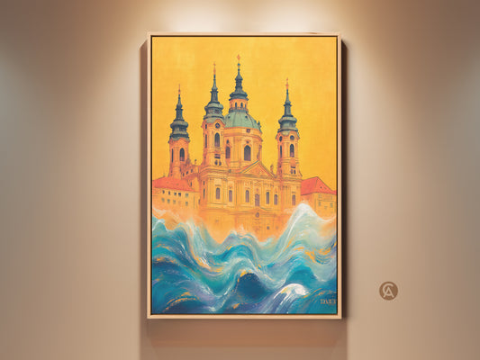 Surreal church art print in yellow and blue. Eclectic waves canvas wall art. The architectural artwork features ocean waves cascading around a detailed church. A unique housewarming gift idea. Perfect entry hall decor with a traveler's aesthetic. Vivid colors create a captivating focal point.