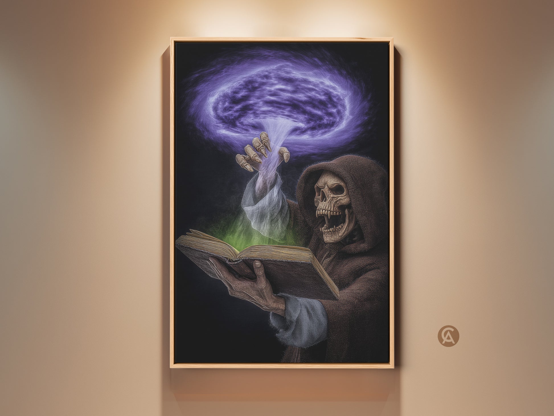 A framed canvas print displays gothic spellbook art. The dark fantasy artwork features a Grim Reaper absorbed in a magical spell. The purple and green magic wall art adds an eclectic touch to any study or office. This Halloween gift idea brings a supernatural aura to modern goth home decor.