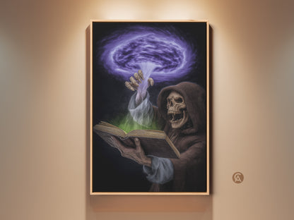 A framed canvas print displays gothic spellbook art. The dark fantasy artwork features a Grim Reaper absorbed in a magical spell. The purple and green magic wall art adds an eclectic touch to any study or office. This Halloween gift idea brings a supernatural aura to modern goth home decor.