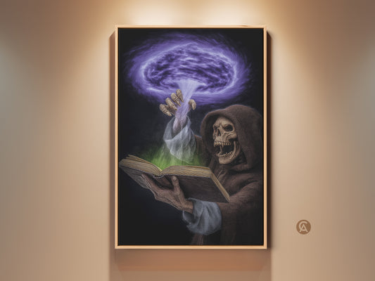 A framed canvas print displays gothic spellbook art. The dark fantasy artwork features a Grim Reaper absorbed in a magical spell. The purple and green magic wall art adds an eclectic touch to any study or office. This Halloween gift idea brings a supernatural aura to modern goth home decor.